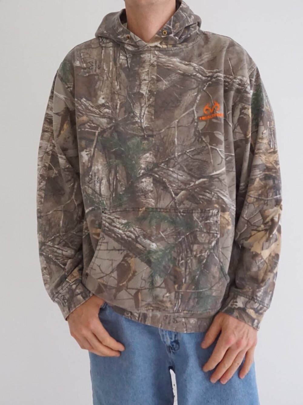 Realtree Brown Green Tree Branch Camo Hunting Outdoor Field Pocket Sweatshirt L